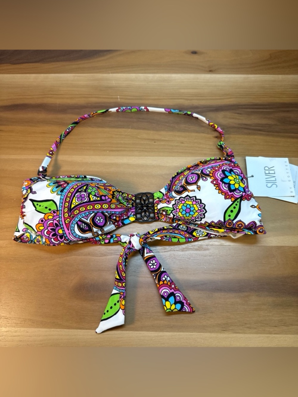NWT Silver By Gottex Bikini Top Bandeau Bra Sz 12 Colorful Floral Resortwear